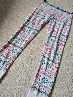 PINK 2015 Holiday Fair Isle Leggings - White with Red & Green Womens Size Medium